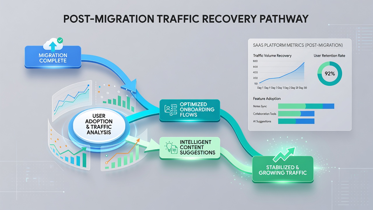 Analytics dashboard showing post-migration traffic metrics in a SaaS environment